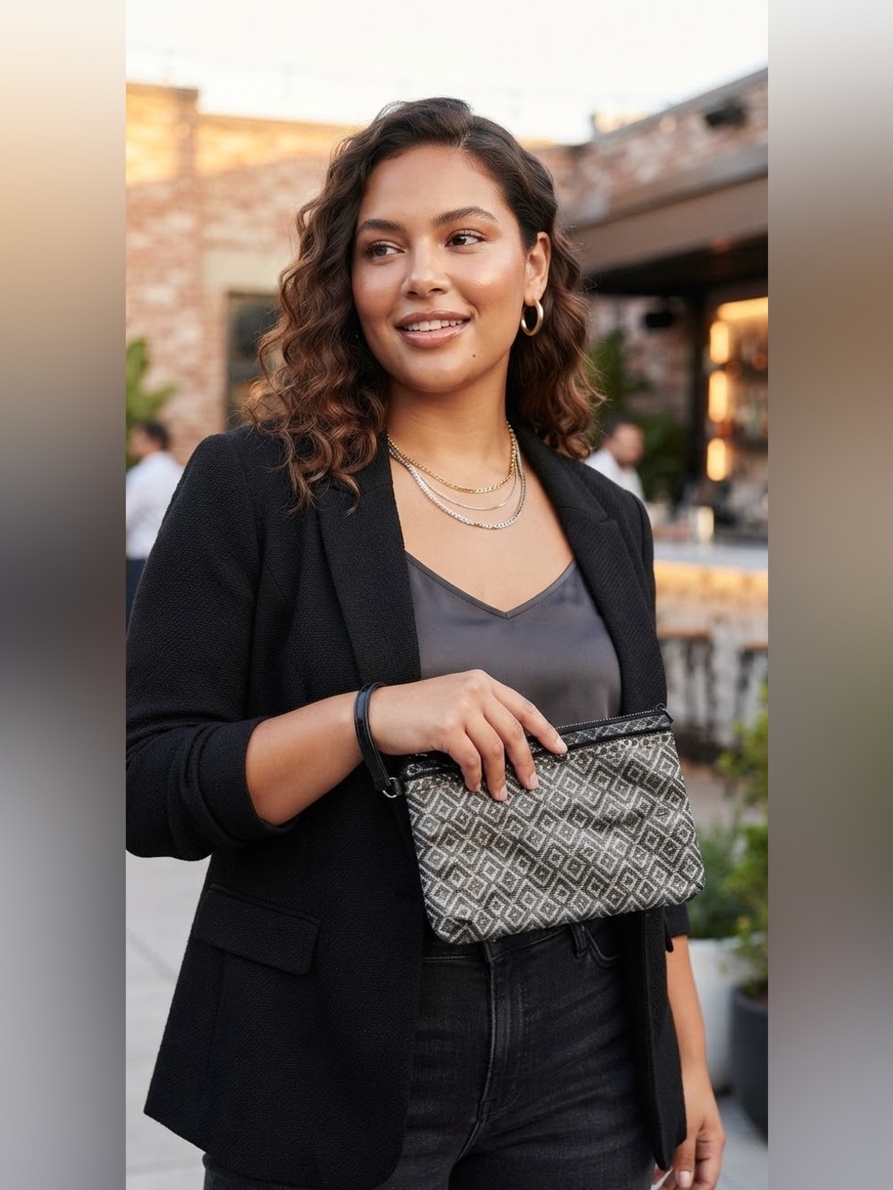 Aeropostale Clutch Wristlet Black Silver Gold Tapestry Beaded Woven Knit Fabric